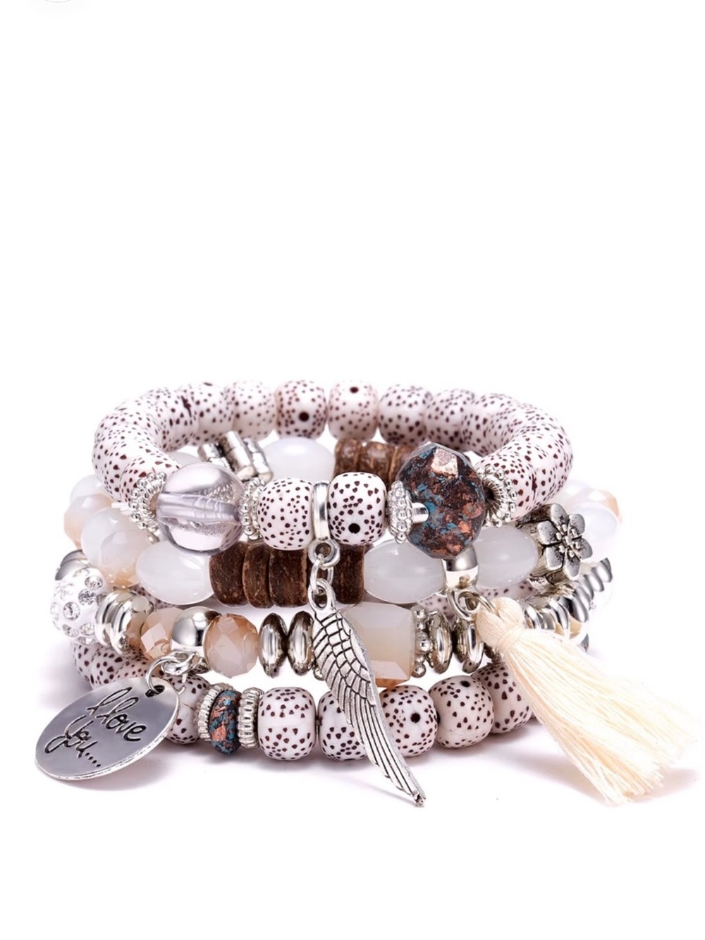 BOHO Stretchy Stackable Beaded Silver & Gold Tone 'I Love You' Charm Bracelet